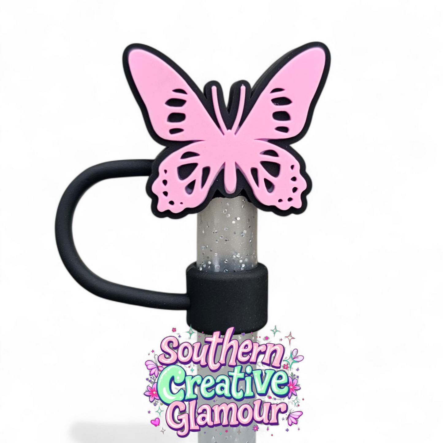 Pink and Black 3D Butterfly 10mm Straw Topper by Southern Creative Glamour
