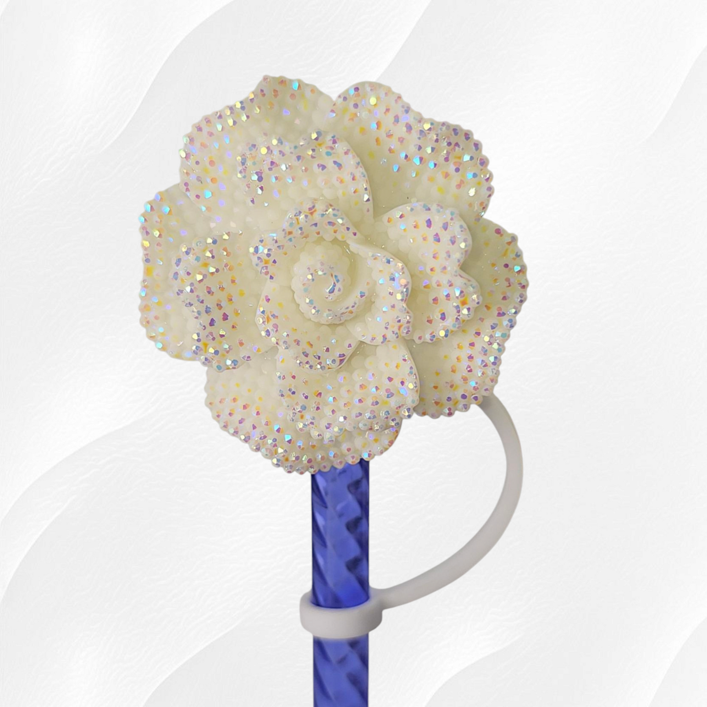 White Glitter Rose 8mm Straw Topper