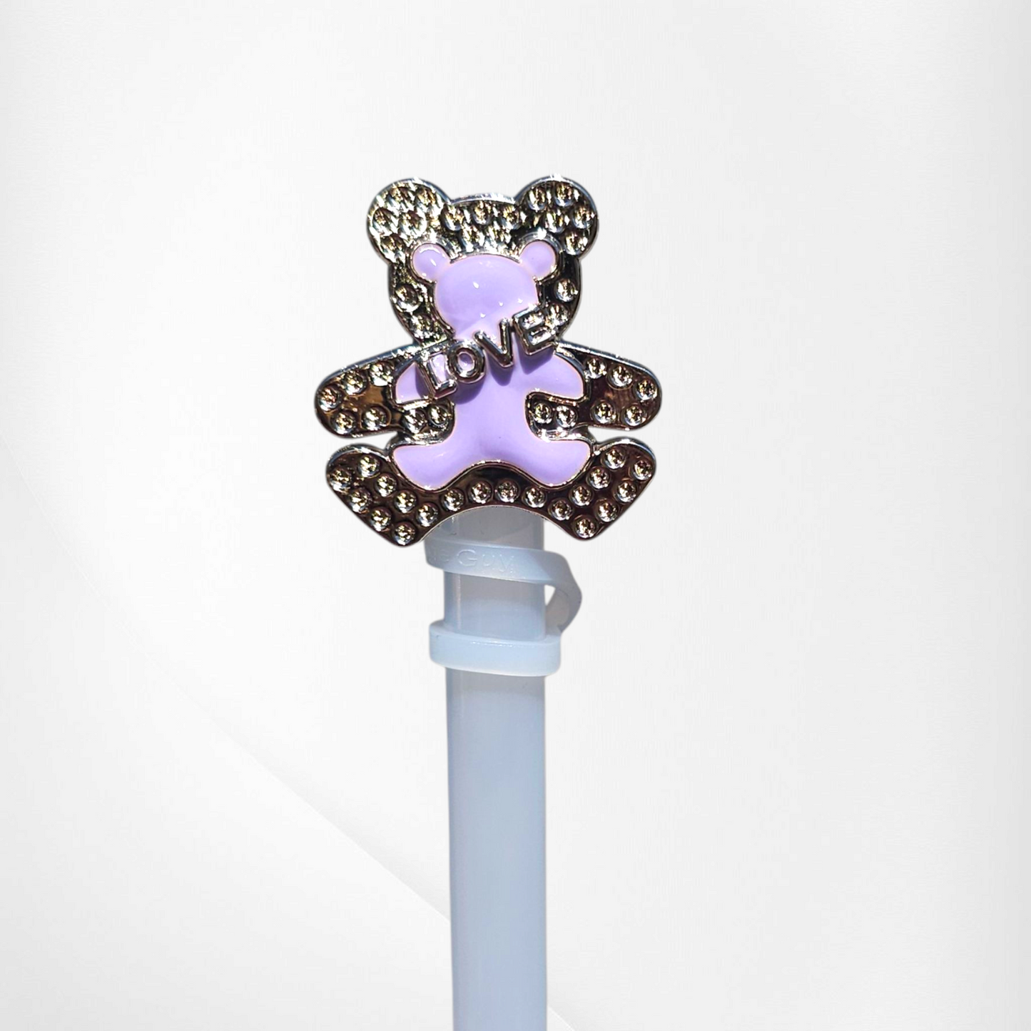 Purple teddy bear love silicone straw topper - straw cover.