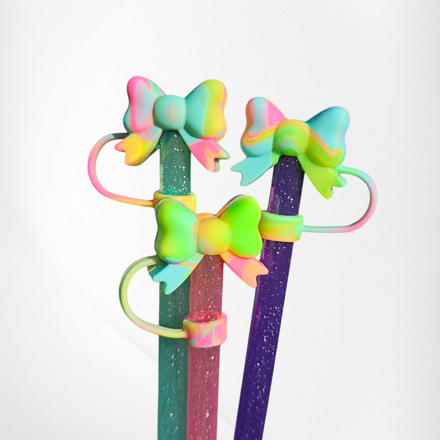 Tye-Die fun bow straw topper - straw cover. Colors are pink, yellow, green, and Teal by Southern Creative Glamour.