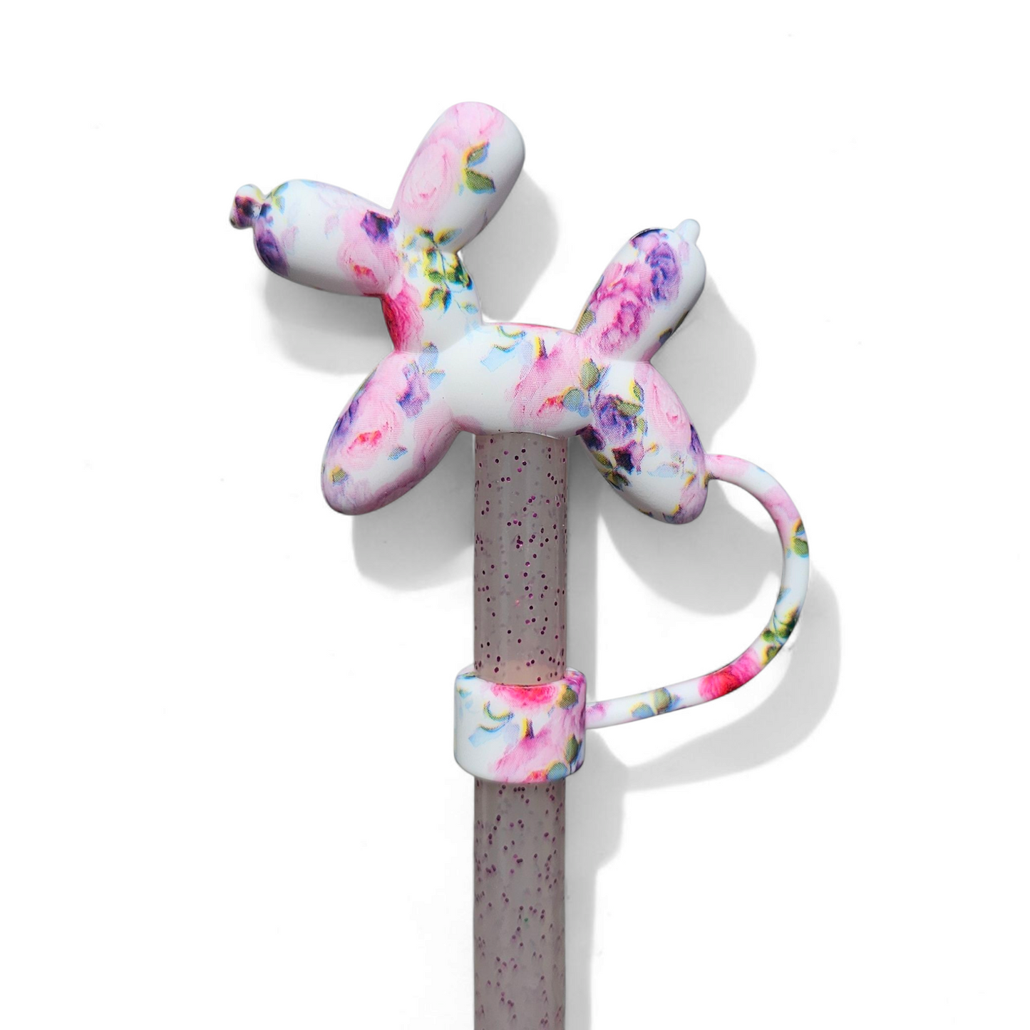 Pink and Purple Flowers Balloon Dog 3D Silicone Straw Topper