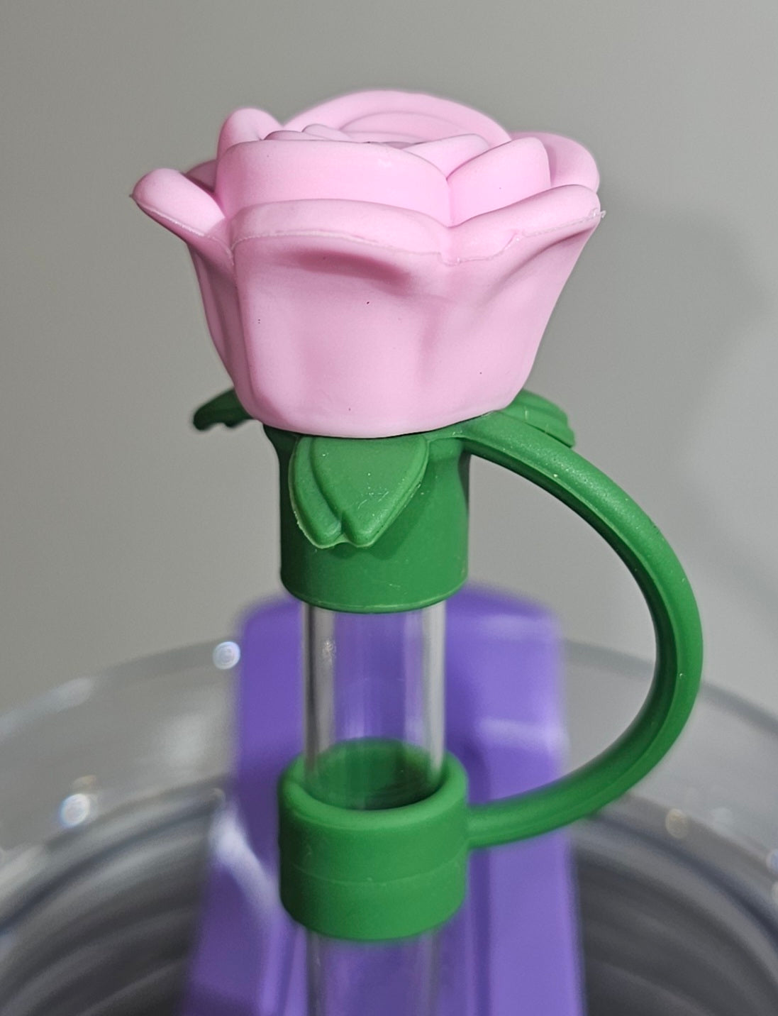 Bubblegum Pink and Green Rose Flower 3D Silicone Straw Topper - Straw Cover - Straw Cap