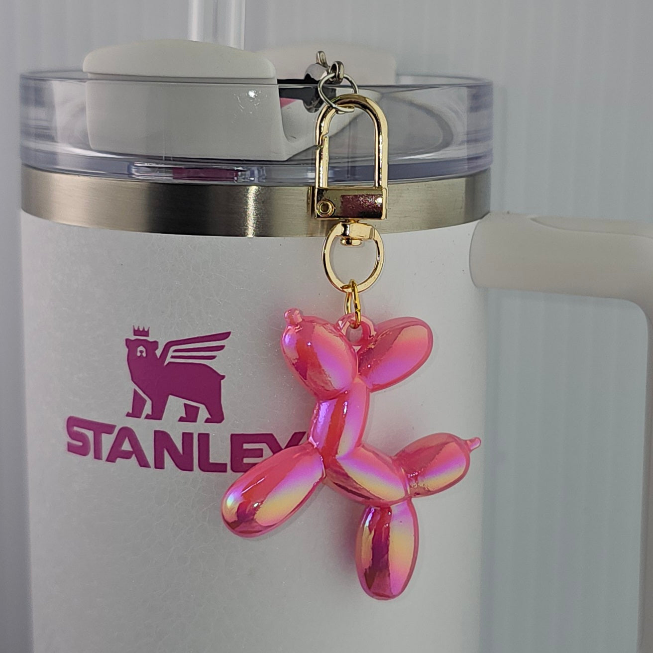 Pearlescent Barbie Pink Balloon Dog tumbler charm wire gold swivel lobster clasp.