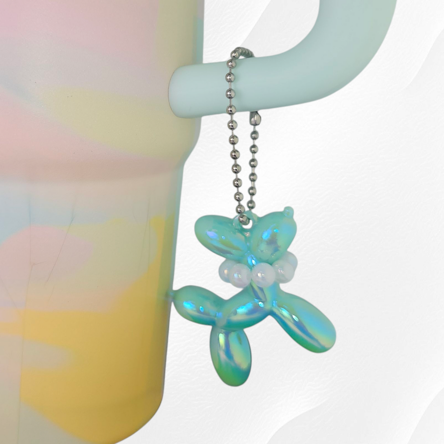 Iridescent Pearlescent Mint Green Balloon Dog Charm with Beaded Faux Pearl Necklace.
