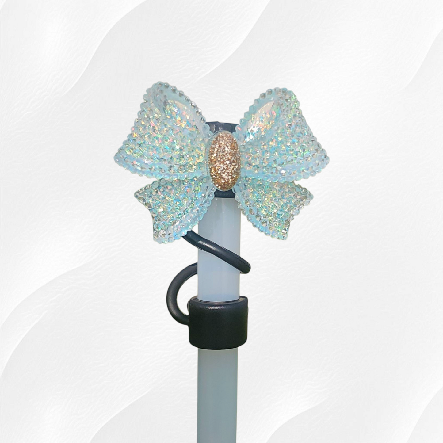 Glitter Tiffany Teal Blue and Gold Ribbon Bow with black Silicone straw topper base. Straw Cover - Straw Cap