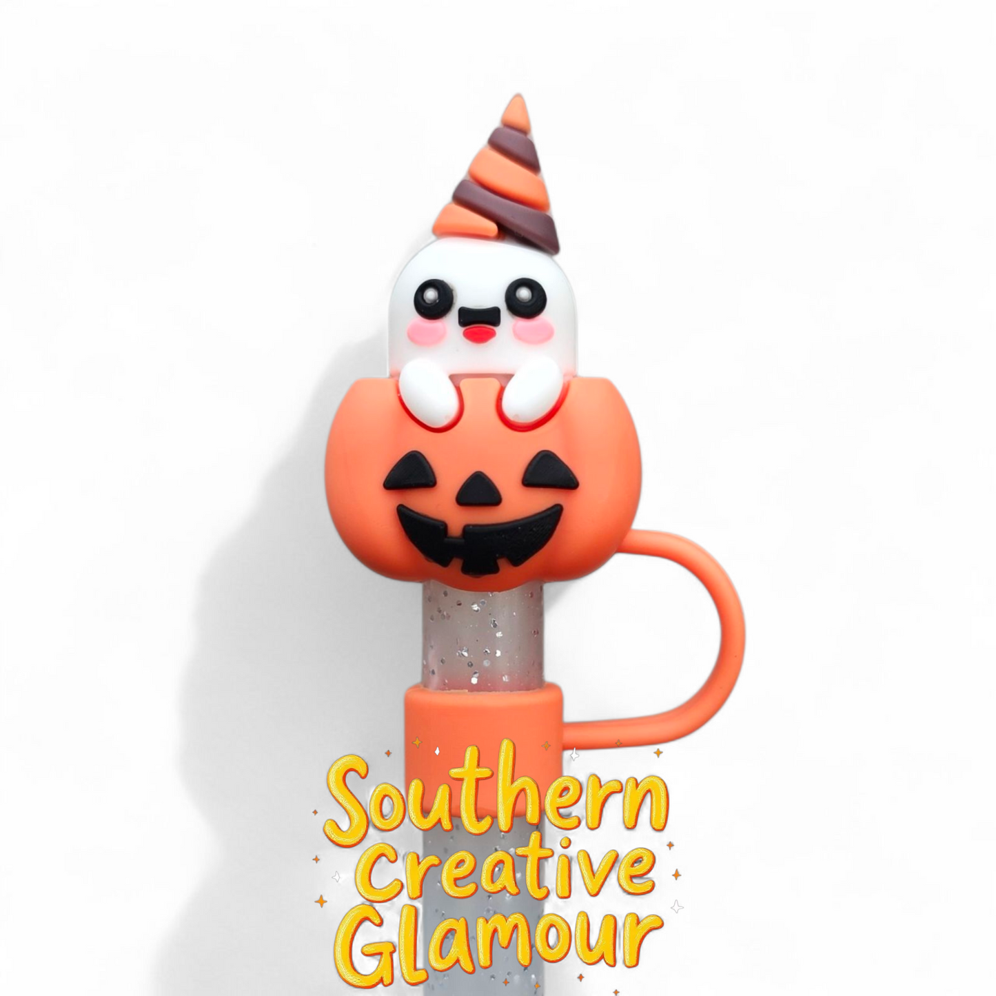 Cute Candy Corn Ghost sitting in an orange Jack-o-Lantern 3D 10mm Straw Topper by Southern Creative Glamour