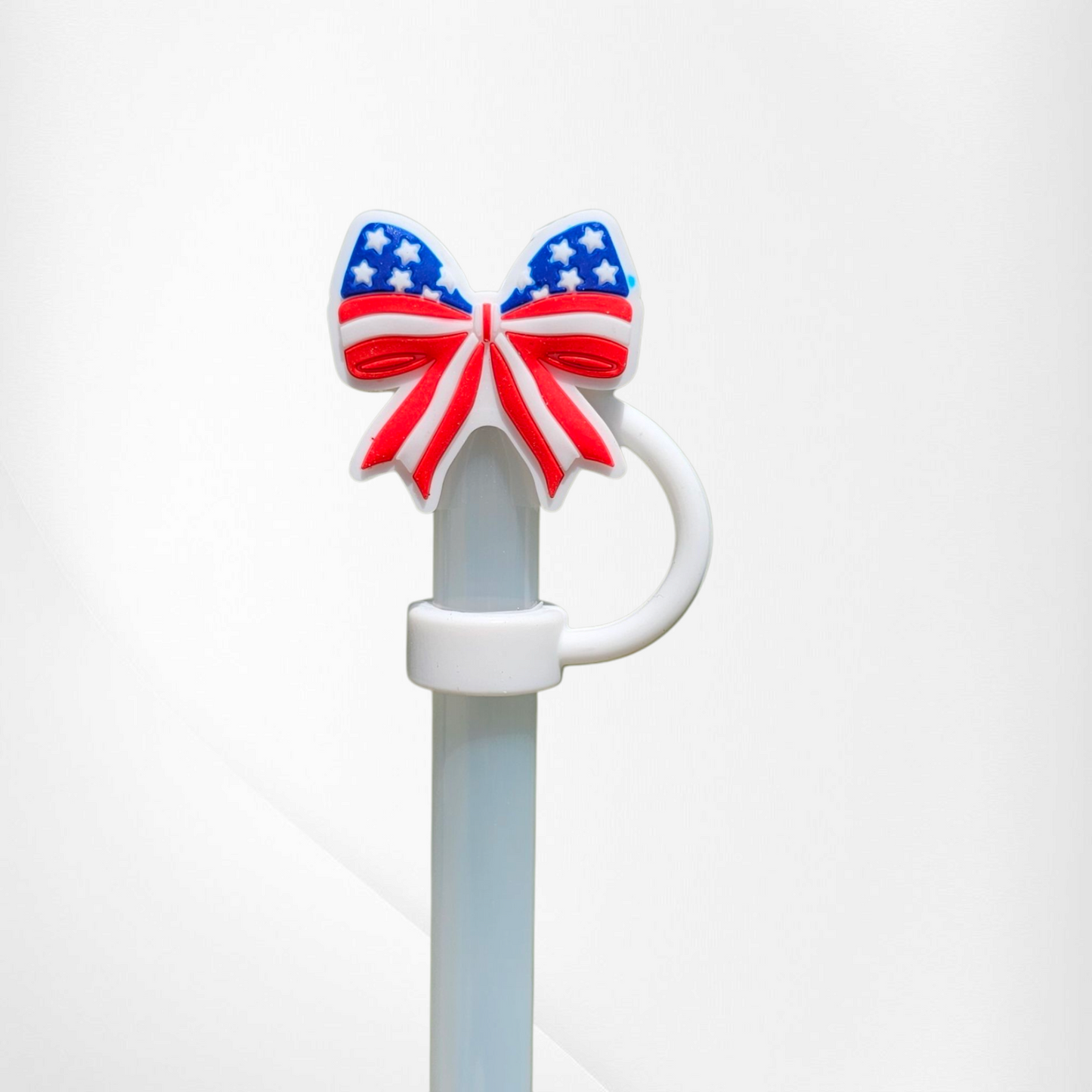 Red, white, and blue stars and stripes patriotic 4th of July Ribbon Bow Straw Topper  - Straw Cover.
