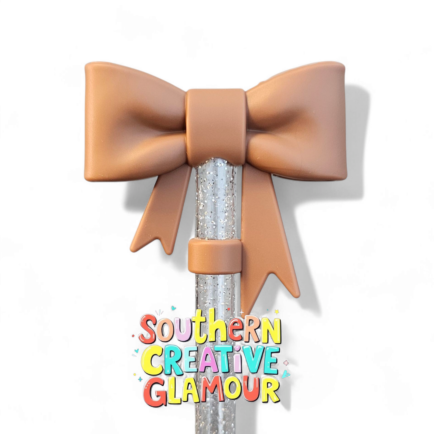 Macha Brown 3D Ribbon Bow Silicone 10mm Straw Topper by Southern Creative Glamour