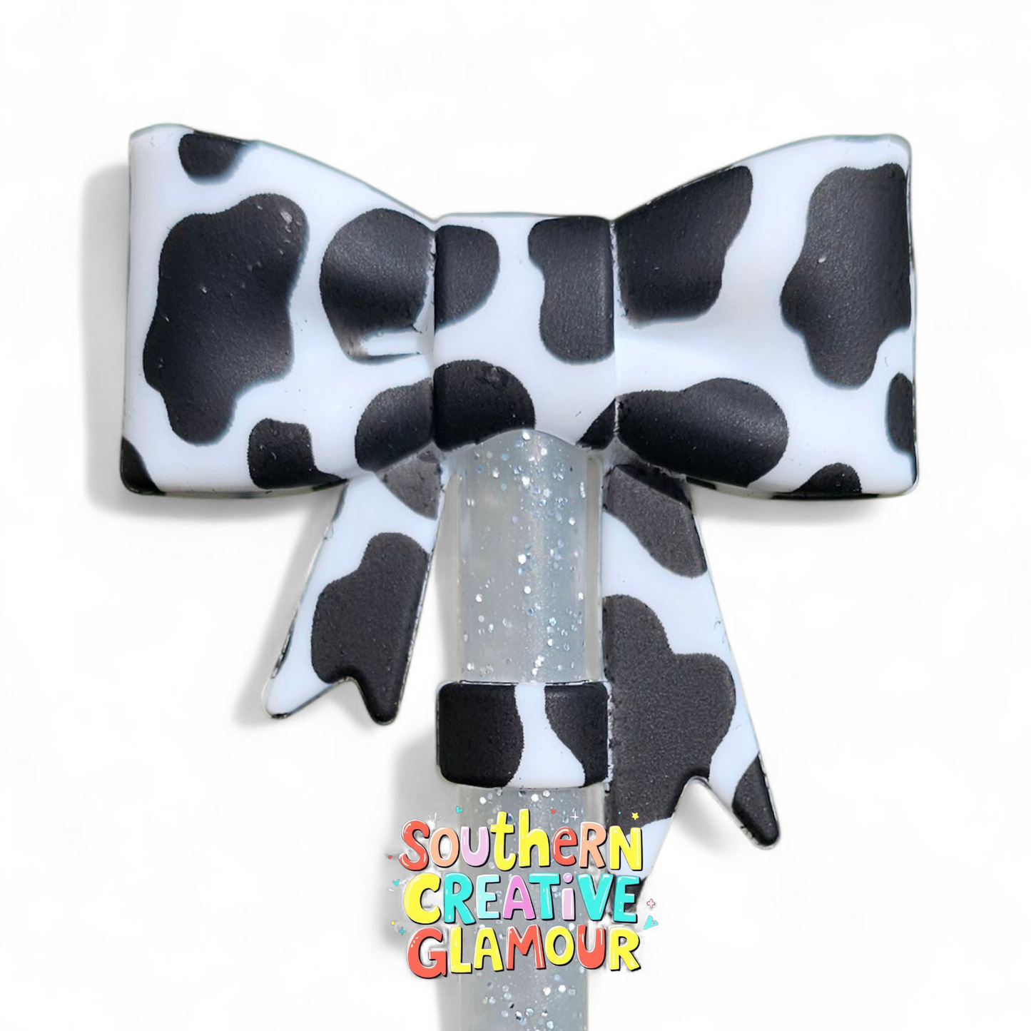 Cow Print 3D Bow Silicone 10mm Straw Topper