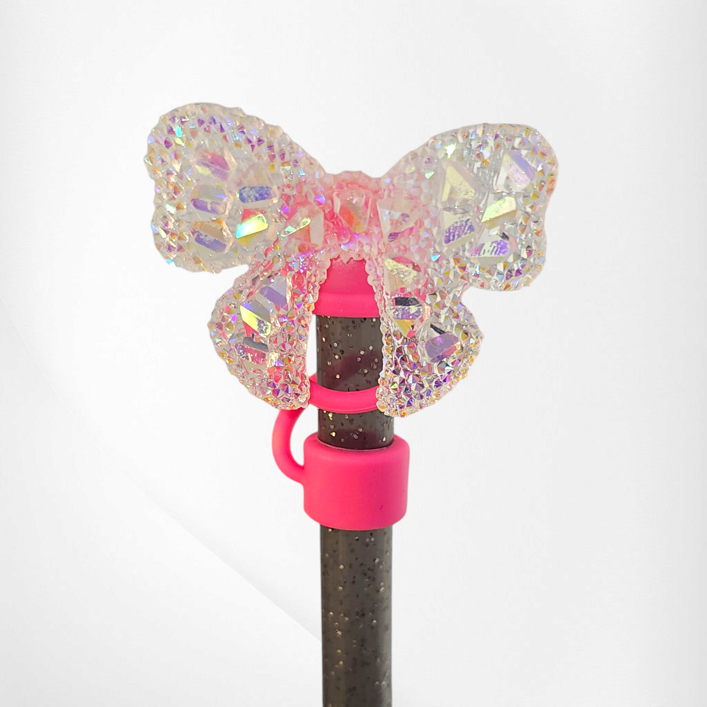 Clear Glitter Butterfly Ribbon Bow and Barbie Pink Silicone Straw Topper - Straw Cover. Fits 10mm Straws and Stanley Straws.