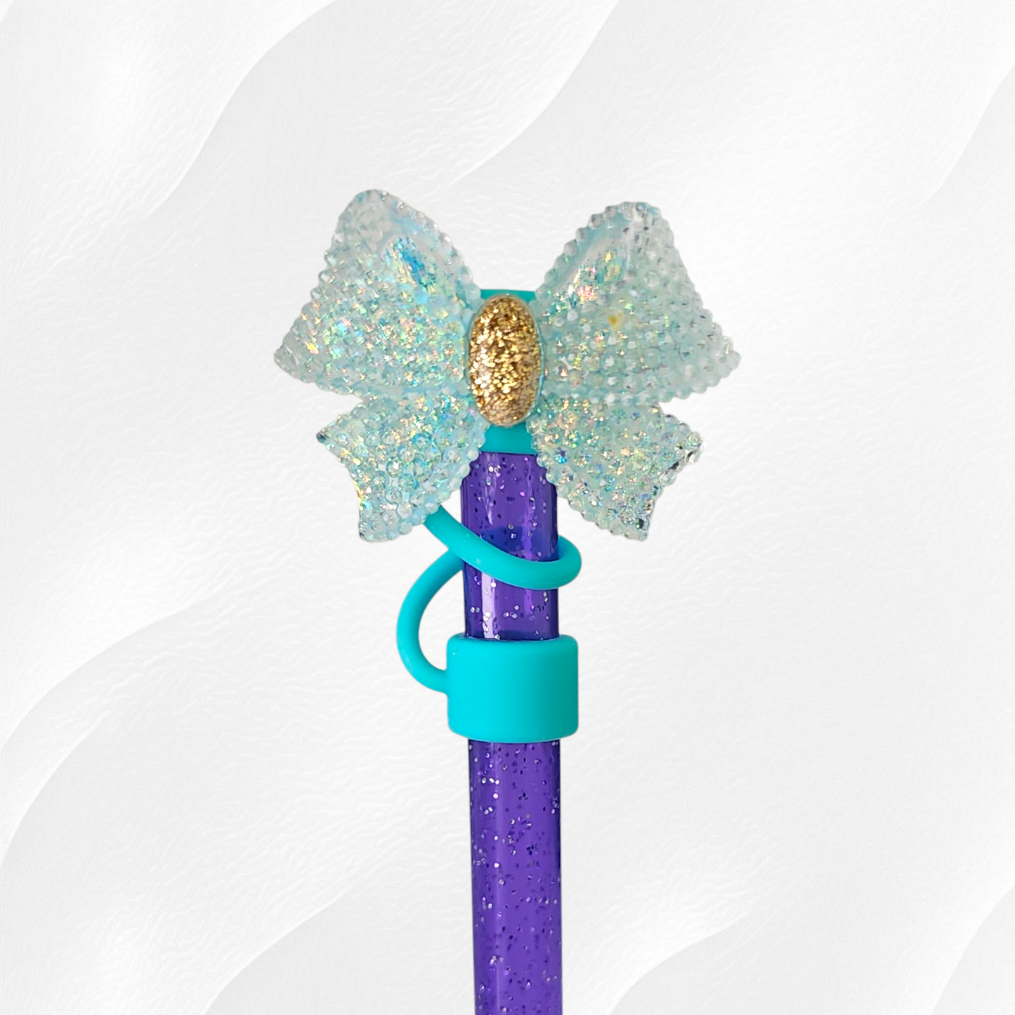 Glitter Ribbon Bow Straw Topper - Teal Blue