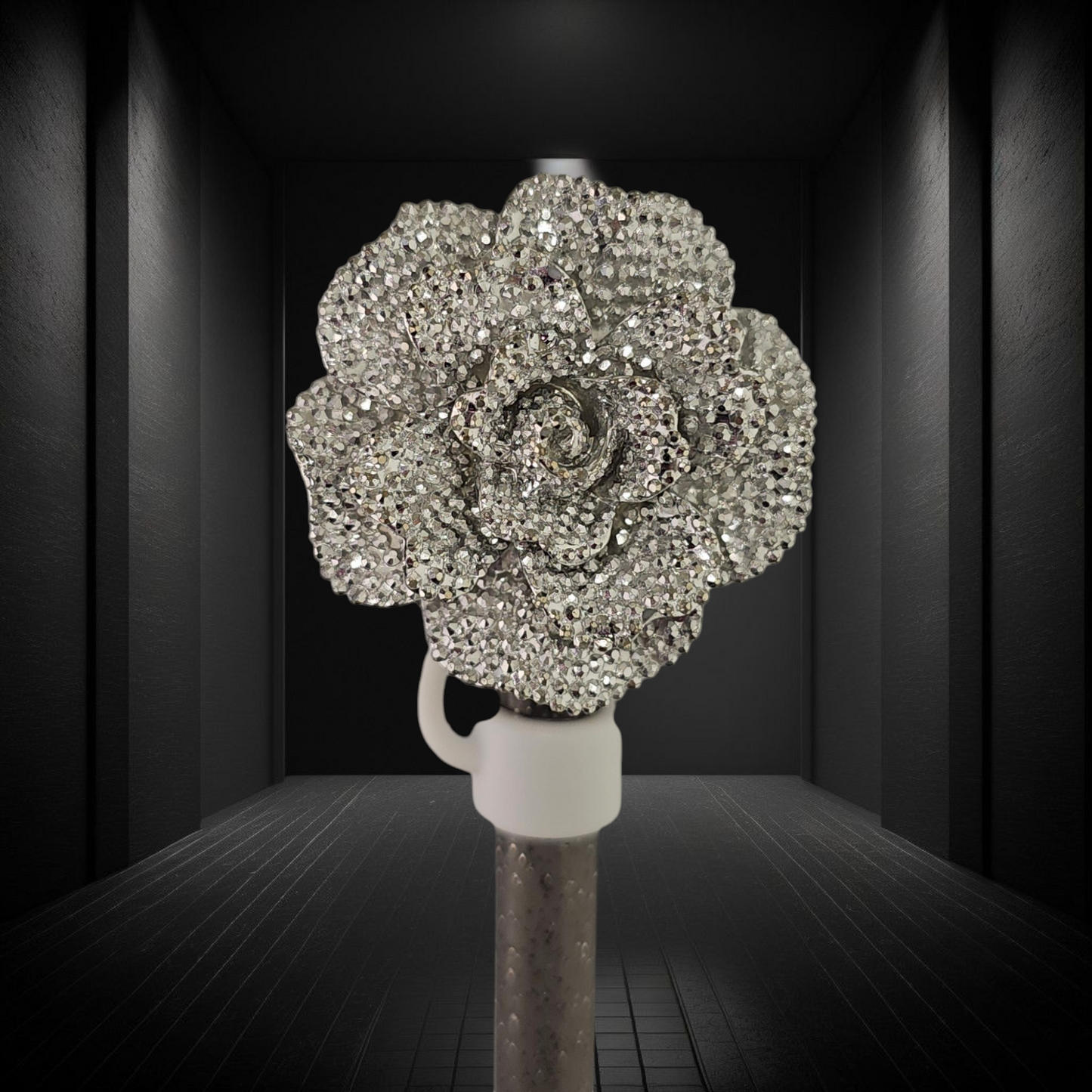 Glitter Rose 10mm Straw Topper - Silver Glitter