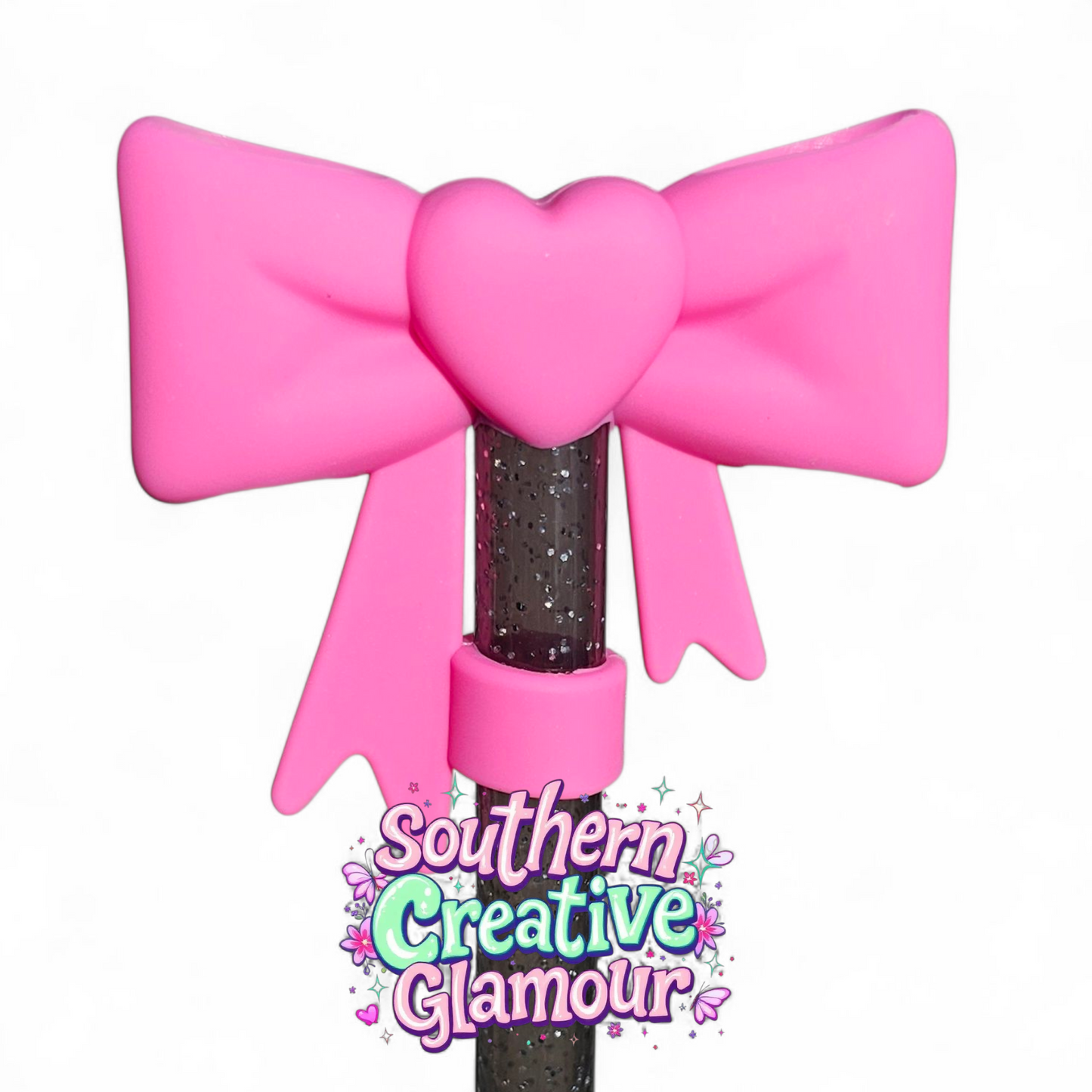 Barbie Pink Heart Bow 3D Silicone 10mm Straw Topper by Southern Creative Glamour