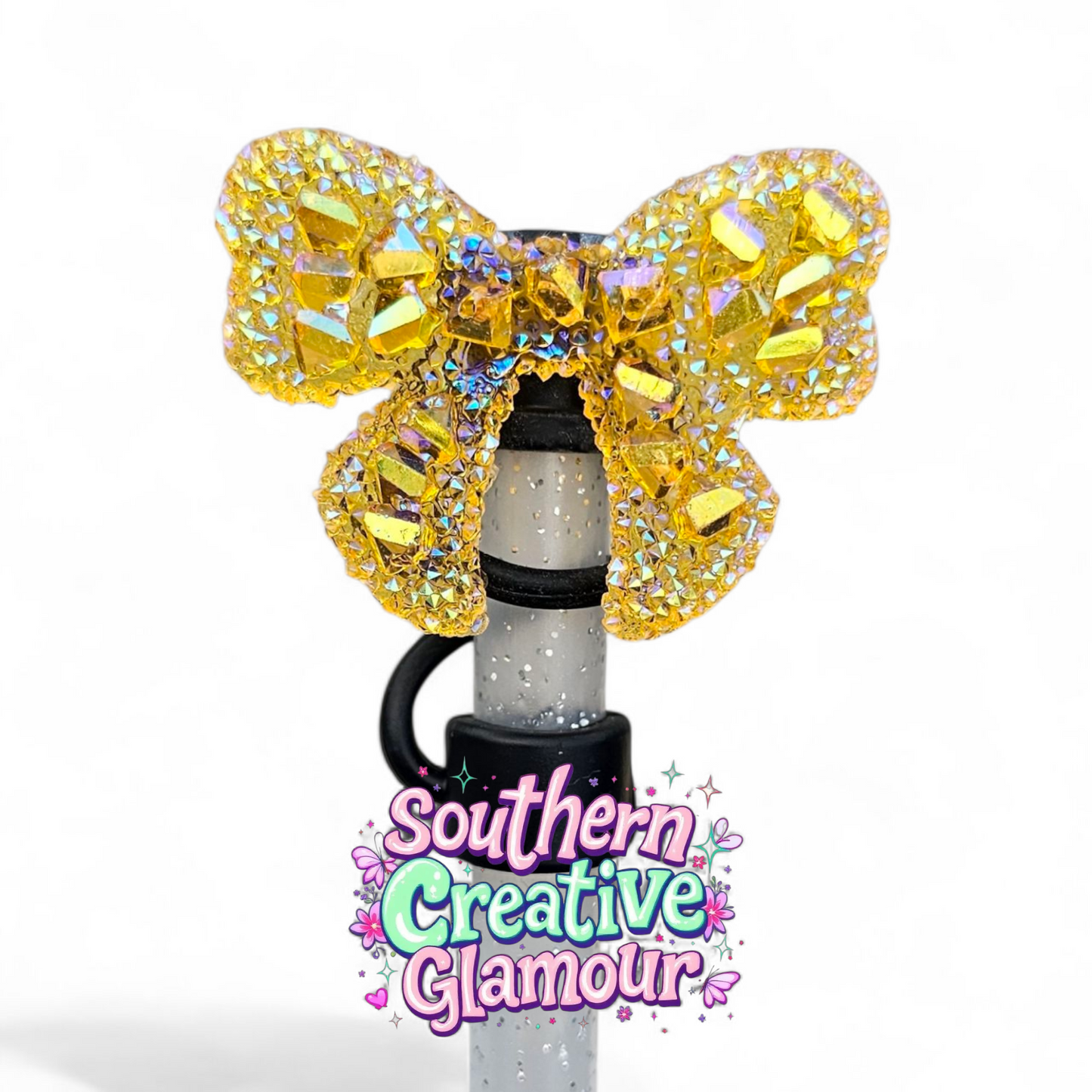 Druzy Glitter Ribbon Bow Silicone 10mm Straw Topper - Gold by Southern Creative Glamour