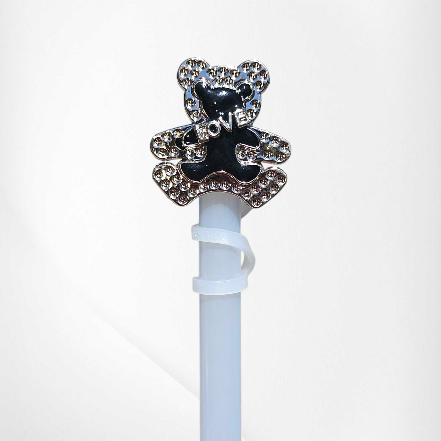 Black teddy bear love silicone straw topper - straw cover.