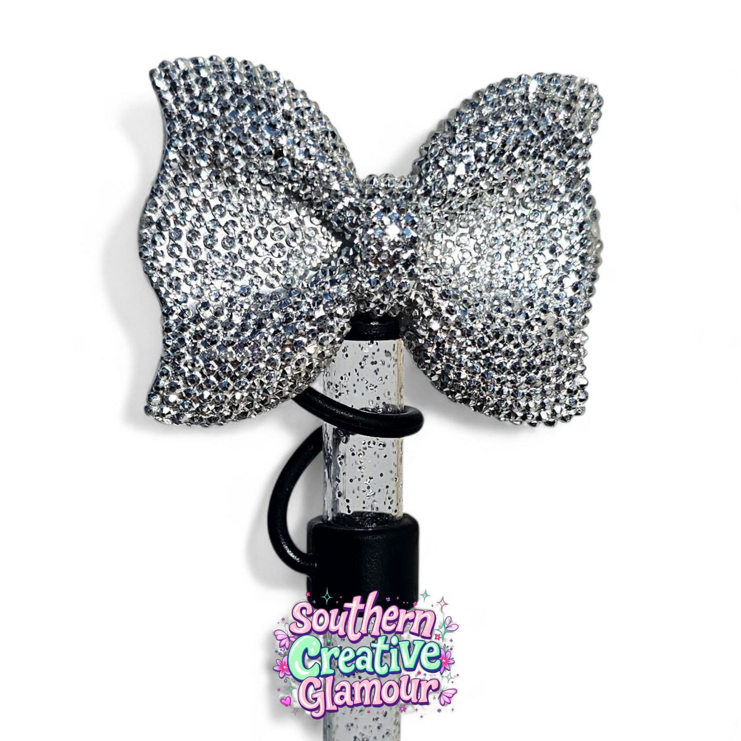 Silver Glitter Bow with Black Silicone Straw Topper Base by Southern Creative Glamour