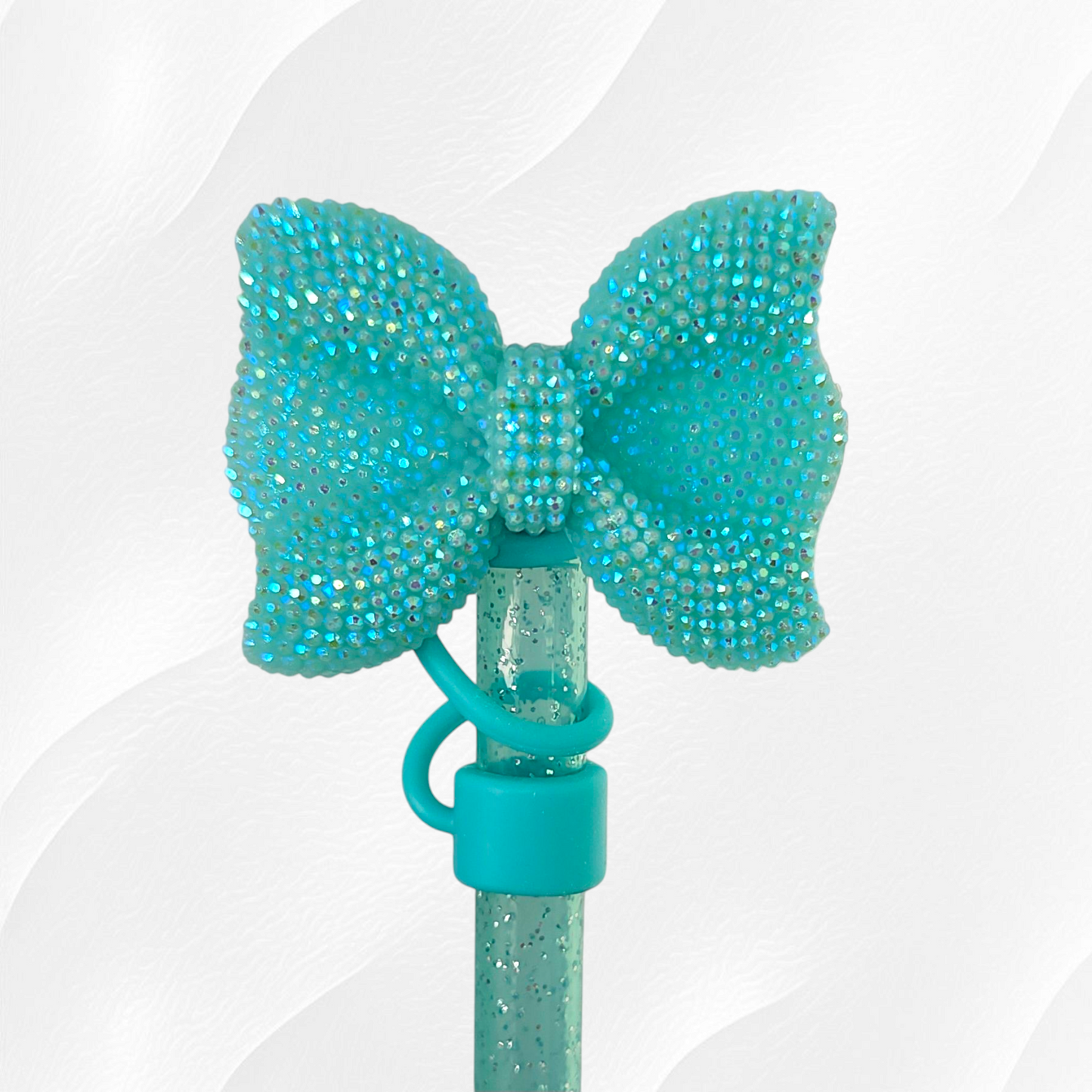 Tiffany Blue Glitter Bow Tie Straw Topper - Straw Cover. Fits 10mm Straws and Stanley Straws.