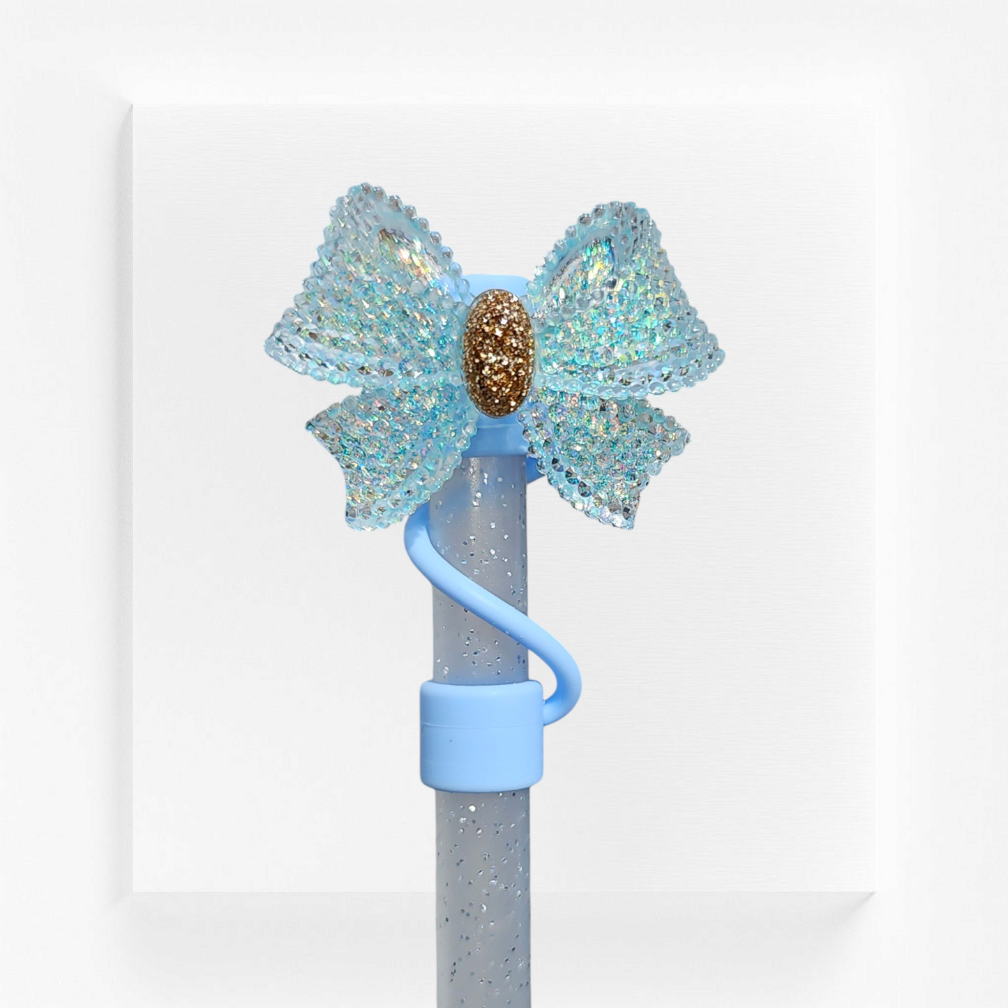 Glitter Tiffany Teal Blue and gold croquet ribbon bow silver straw topper - straw cover by Southern Creative Glamour
