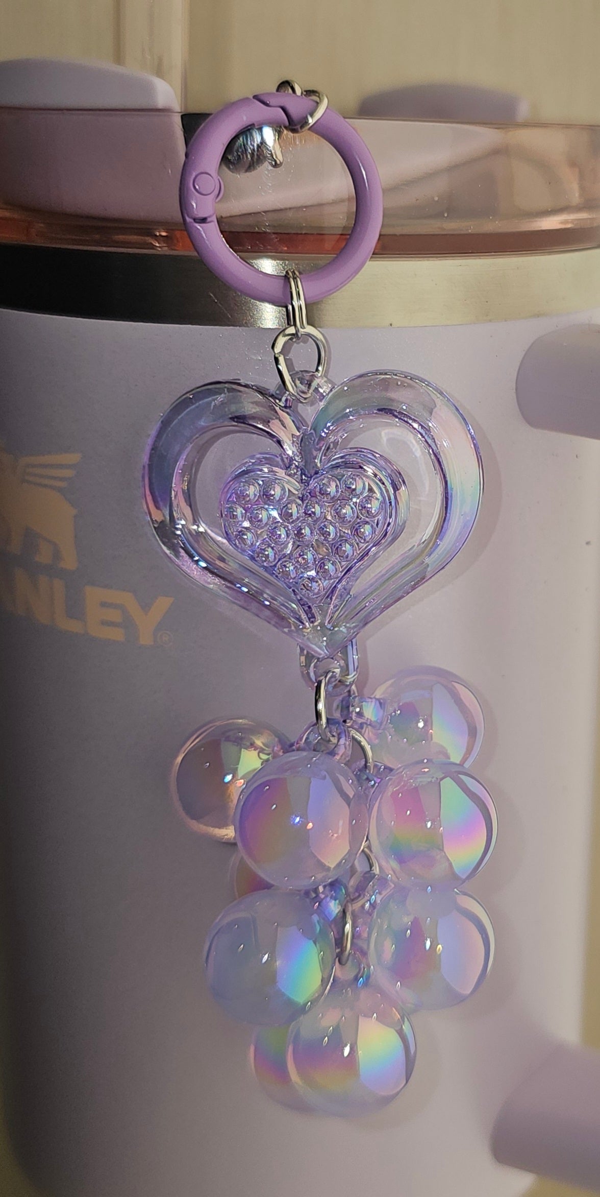 Iridescent Pearlescent Pearl Purple Heart and Jelly Beaded Charm Pendant. Use as tumbler straw charm, purse charm, bag charm, backpack charm, cellphone charm, or keychain charm.