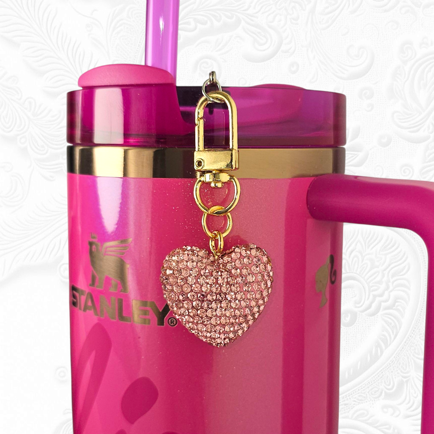 Pink Rhinestone Glitter Heart Charm Pendant. Use as a tumbler, purse, bag, keychain, or backpack charm.