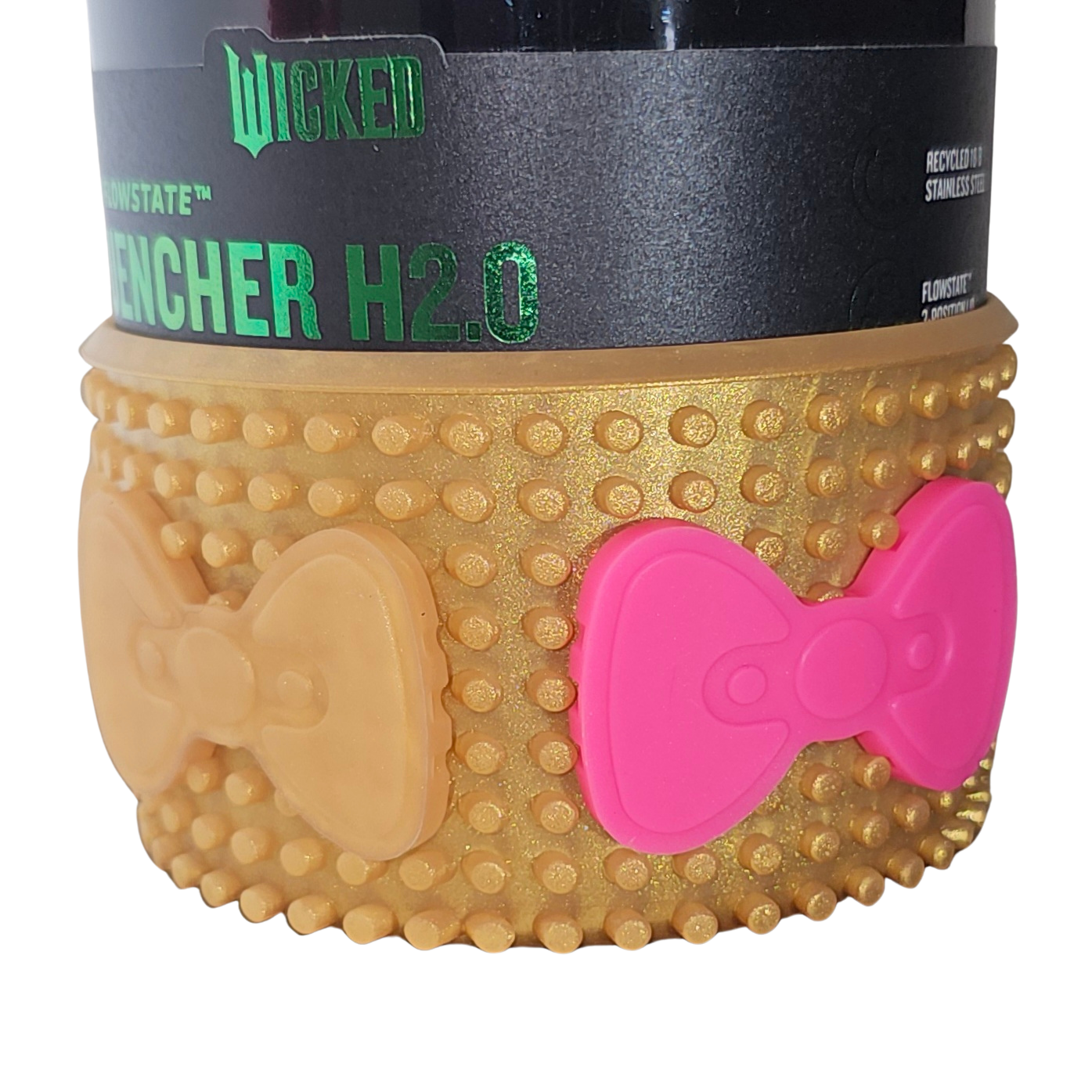 Gold and Hot Pink Silicone Bows on Customizable Bow Silicone Tumbler Boot - Gold _ Demonstration