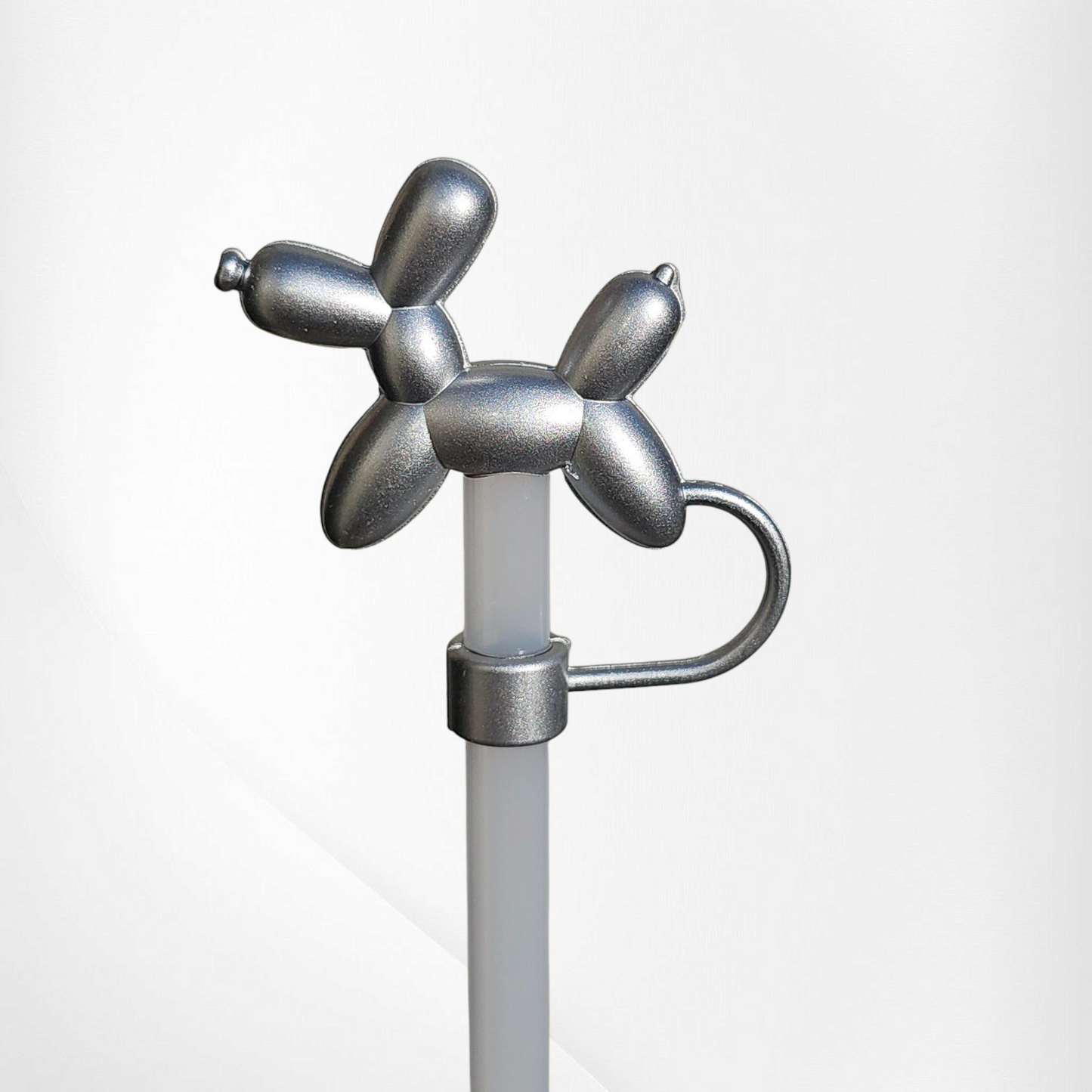 Silver 3D Silicone Balloon Dog Straw Topper.