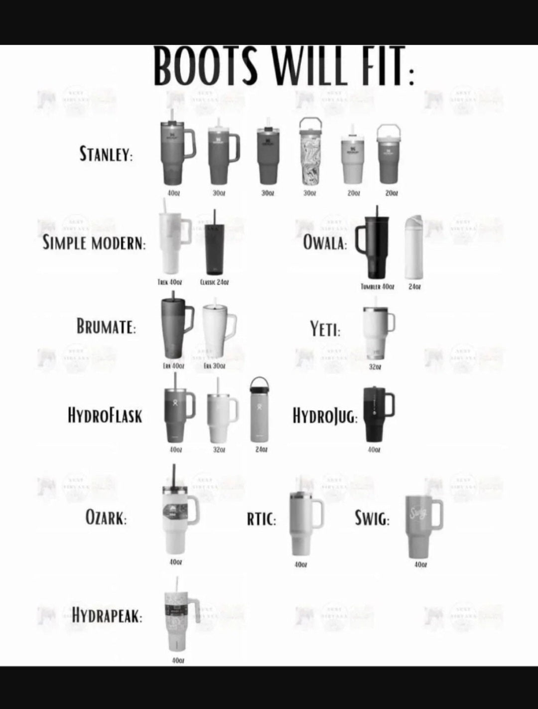Tumbler boot size chart.