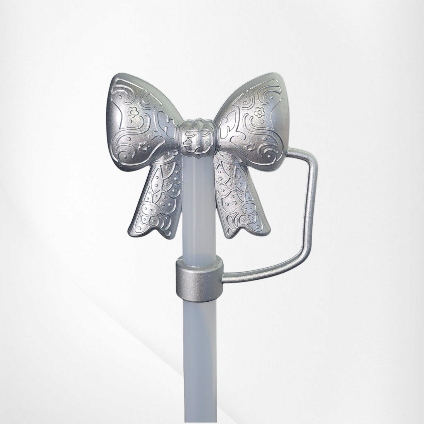 Silver Shimmer Lace Ribbon BOW 3D Silicone Straw Topper  - Straw Cover. by Southern Creative Glamour.