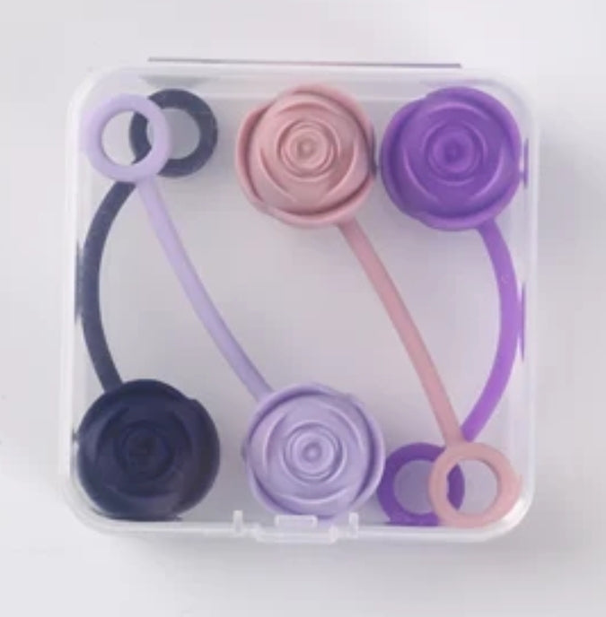 Shades of purple Rose Bouquet 3D Silicone Straw Toppers - Straw Covers - Set of 4 - Comes with Clear carrying case.