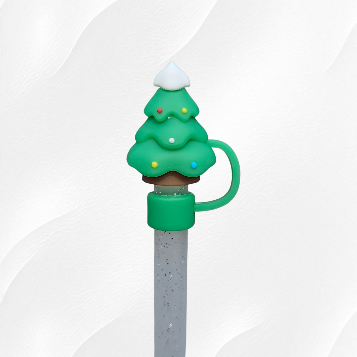 Snow capped green Christmas Tree 3D Silicone Straw Topper