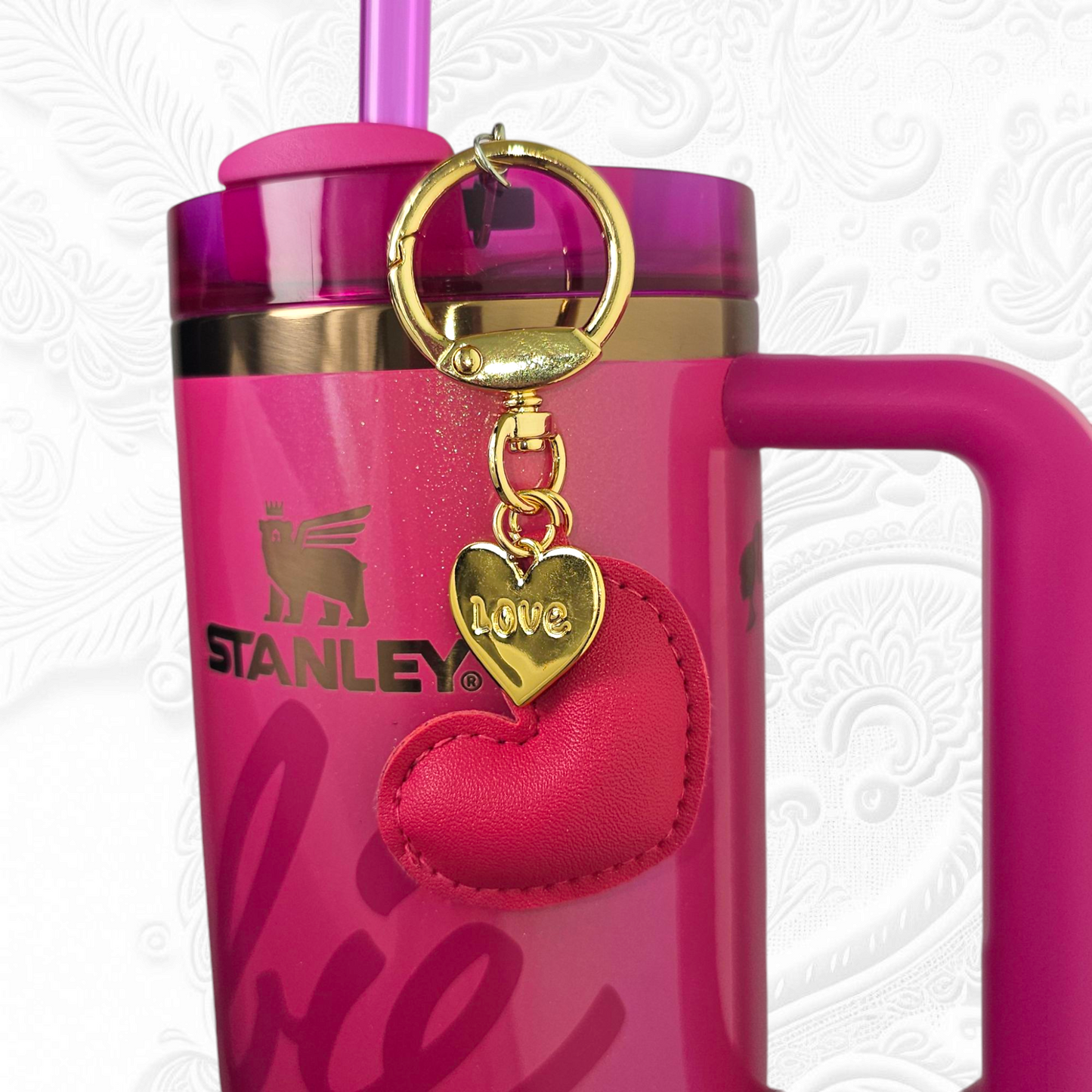 Pink leather heart & Gold heart tumbler straw charm.