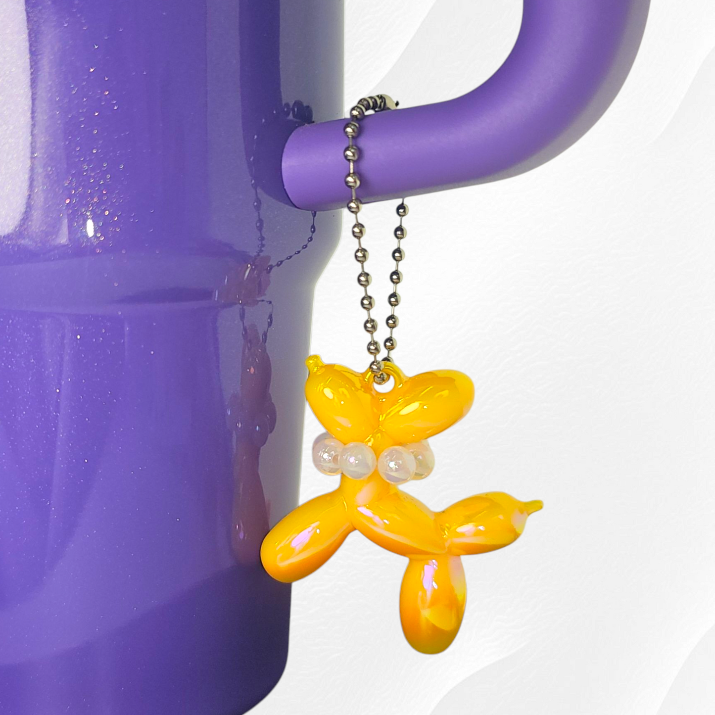 Iridescent Pearlescent Tangerine Balloon Dog Charm with Beaded Faux Pearl Necklace.