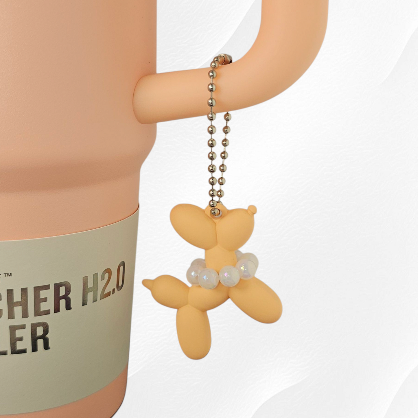 Tangerine Orange Balloon Dog wearing white pearl necklace cup handle charm.