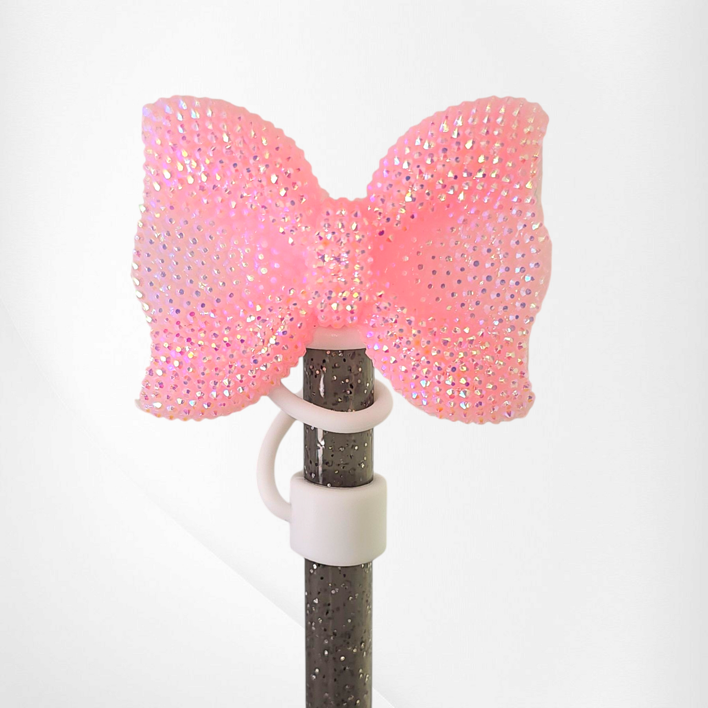 Blush Pink and white Glitter Bow Silicone Straw Topper - Straw Cover. Fits 10mm and Stanley Straws.