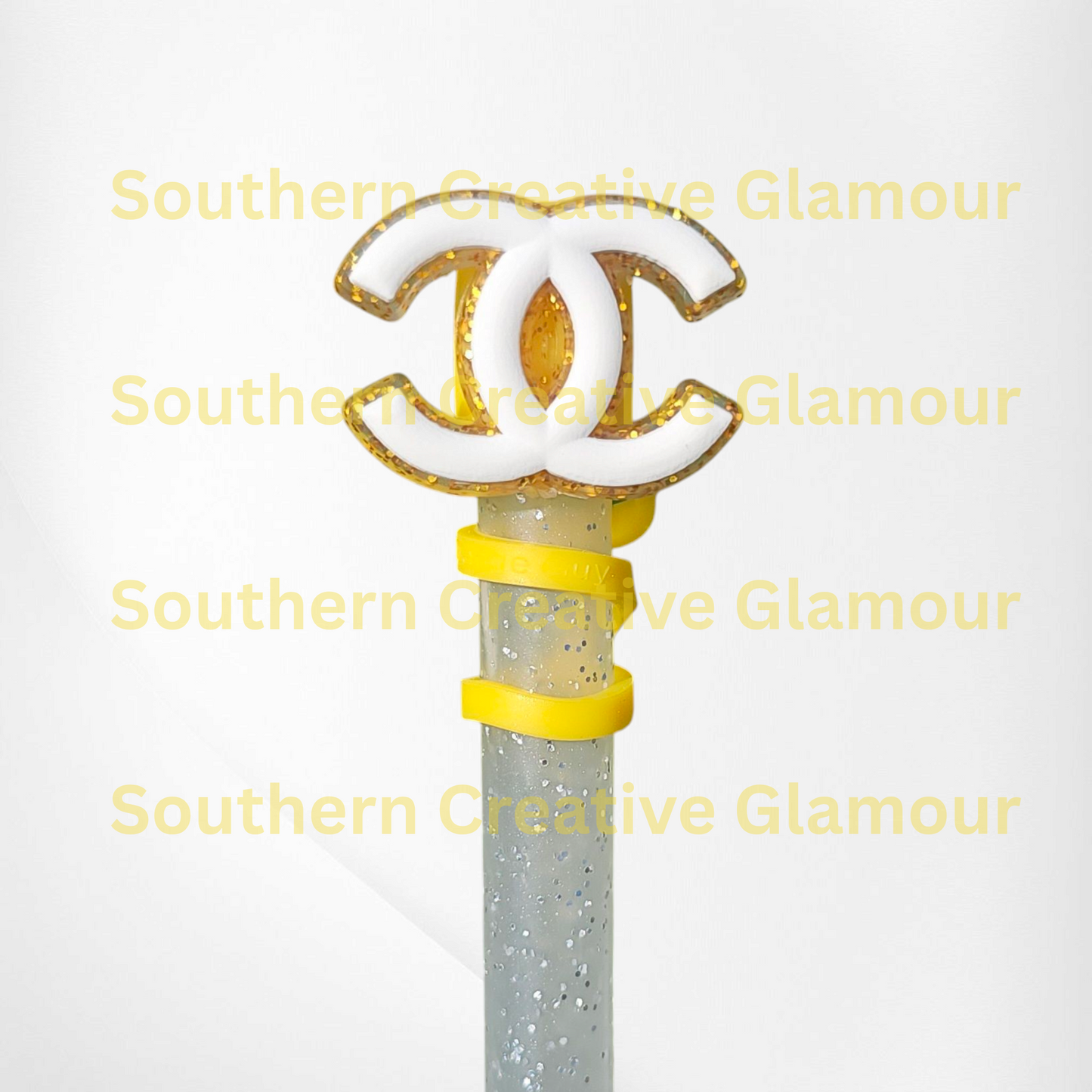 Gold Glitter and White CC Silicone Straw Topper - Straw Cover.