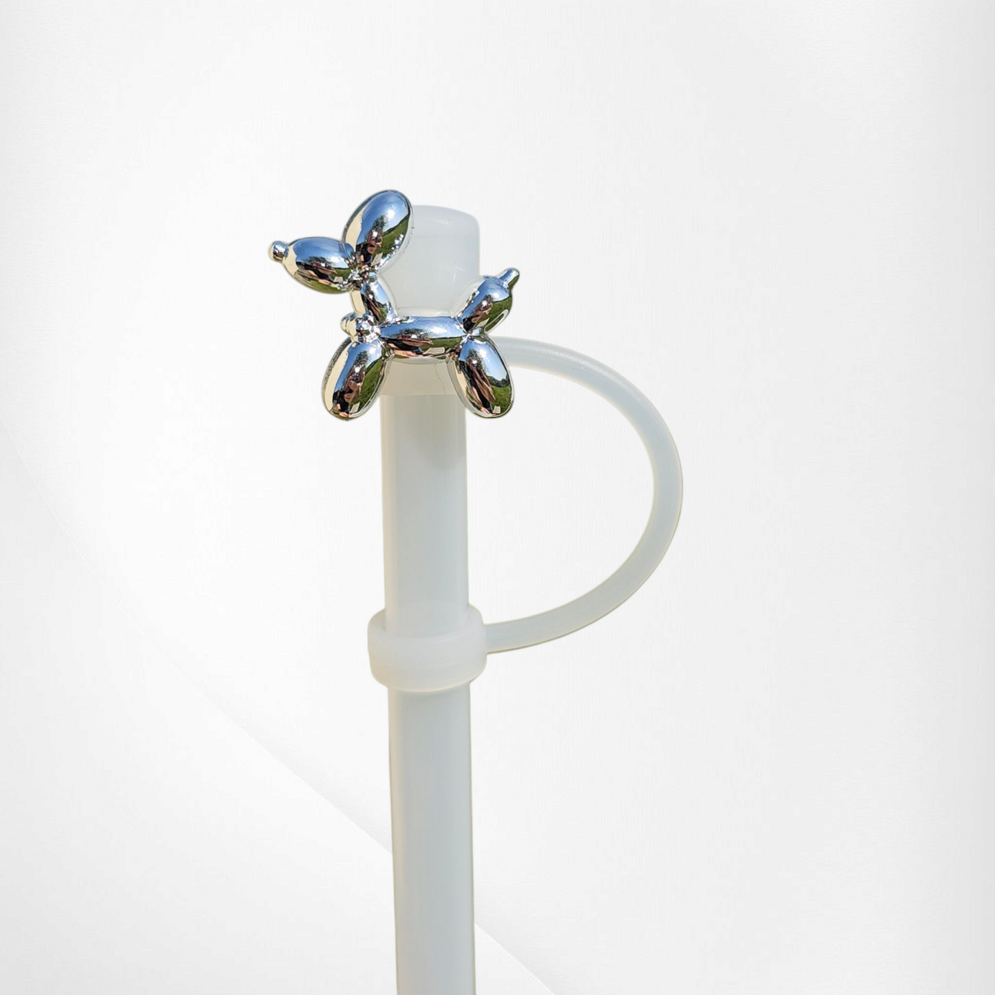 Luxury Silver Balloon Dog Silicone Straw Topper  - Straw Cover
