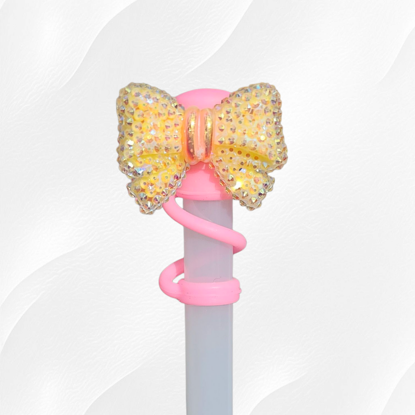 Yellow and Pink Glitter Bow Silicone Straw Topper  - Straw Cover.