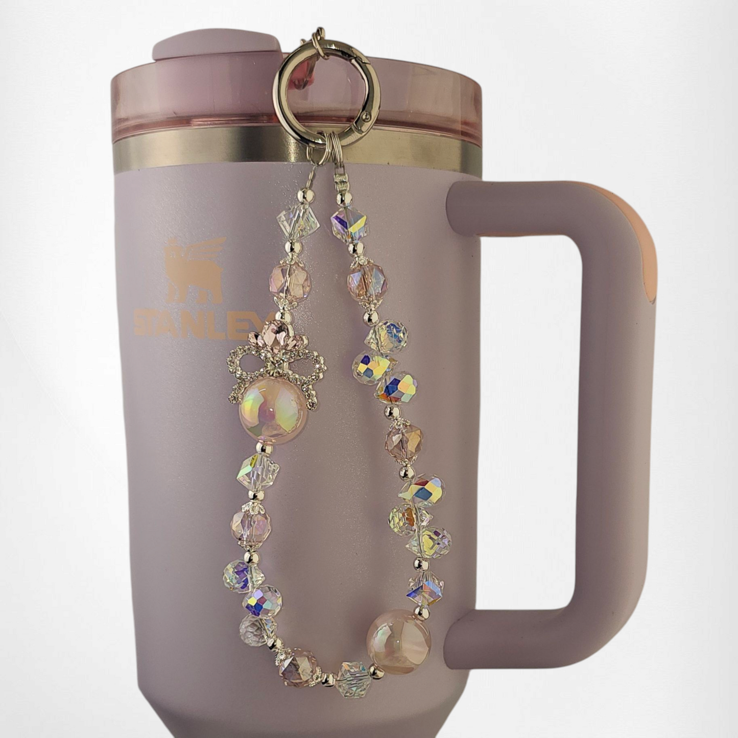 Deluxe Pink, white, and silver princess beaded Tumbler Charm.