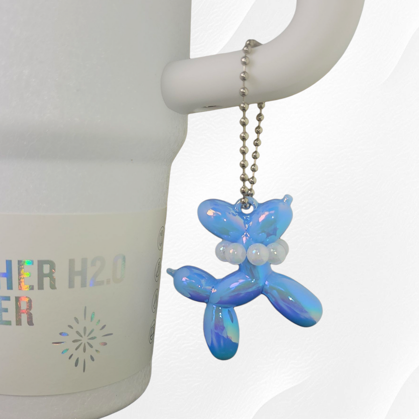 Iridescent Pearlescent Spring Blue Balloon Dog Charm with Beaded Faux Pearl Necklace.