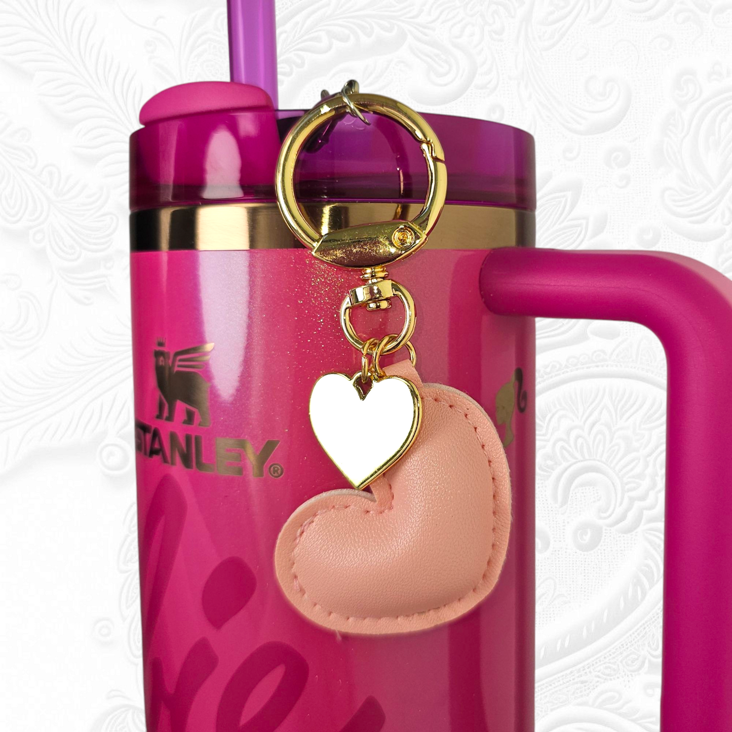 Light Pink leather heart and gold heart tumbler straw charm.