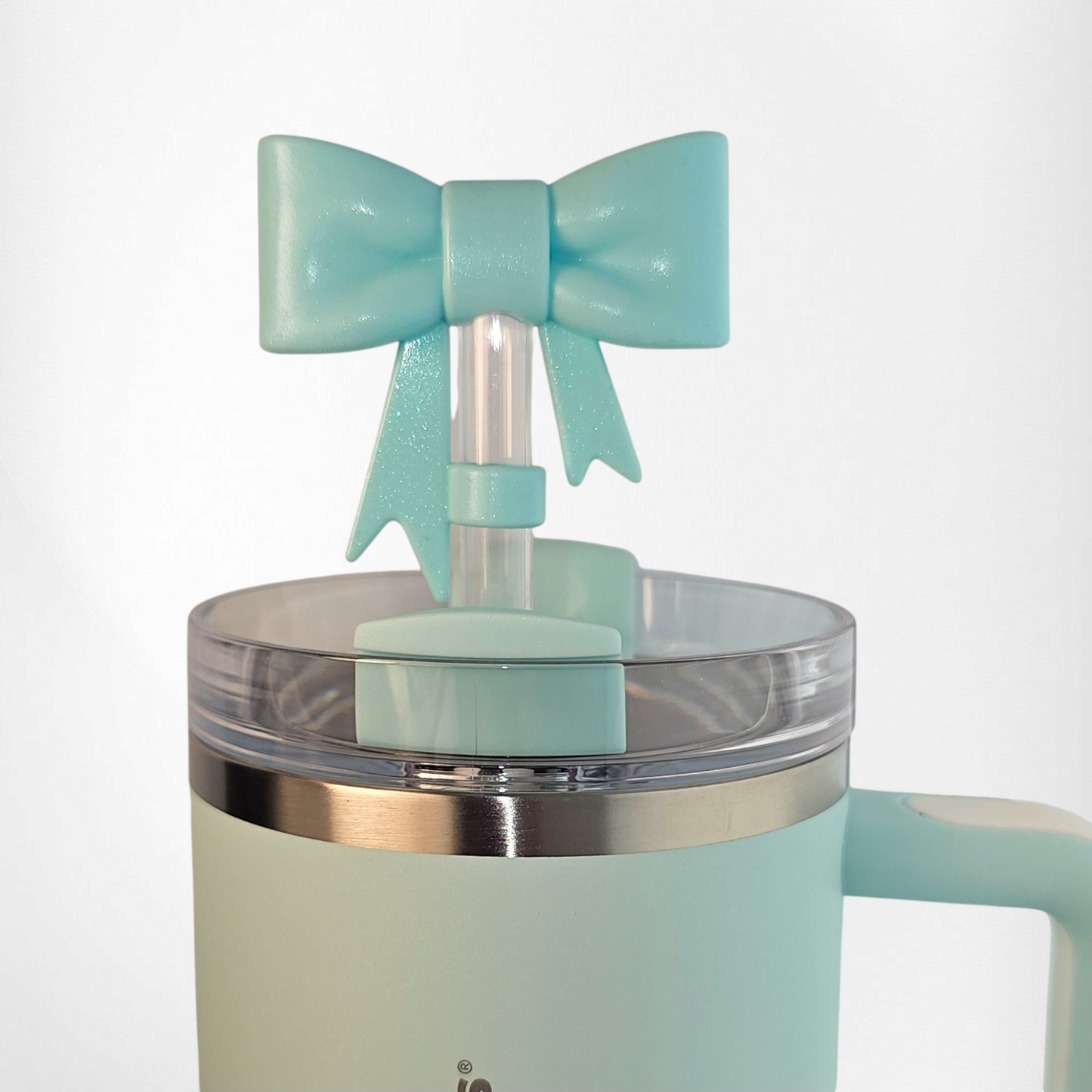 Mint Shimmer Coquette Ribbon Bow 3D Silicone Straw Topper - Straw Cover. Fits 10mm Straws and Stanley Straws.