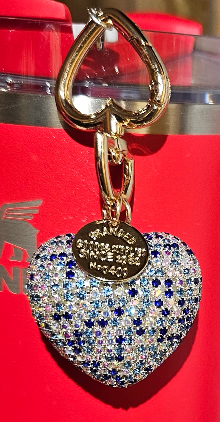 Rhinestone Heart Charm Pendant - Gold & Blue