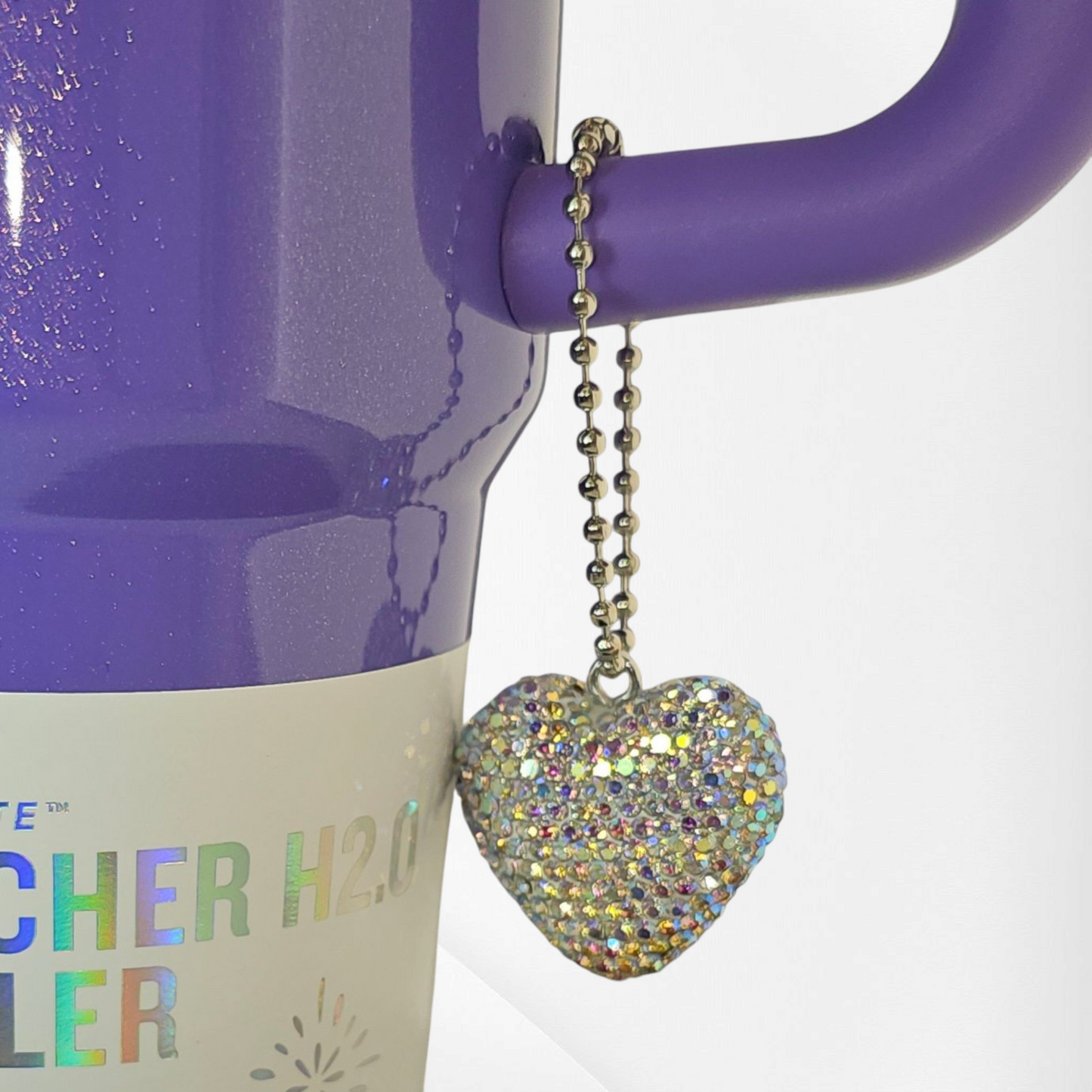 Rhinestone silver Glitter heart tumbler charm.
