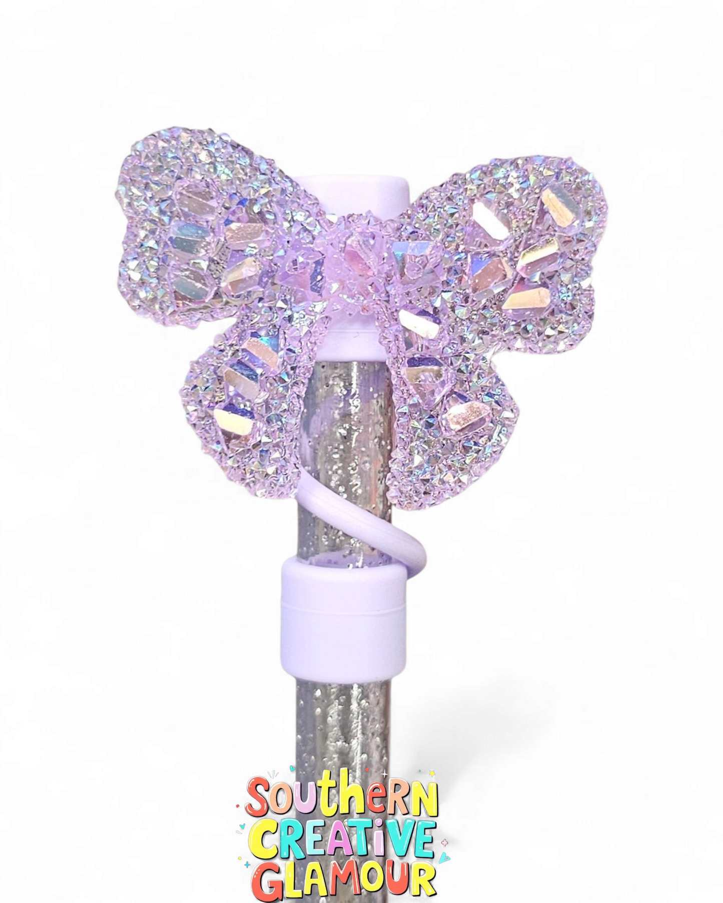 Lavender Purple Glitter Ribbon Bow Silicone 10mm Straw Topper by Southern Creative Glamour