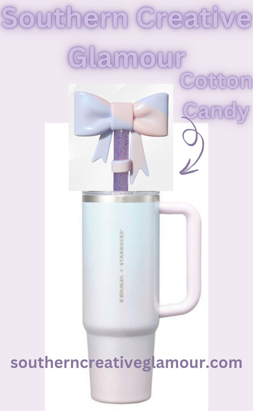 Light peachy pink and periwinkle blue shimmery Bow Silicone Straw Topper with Aurora Starbucks Stanley SxS Collaboration.