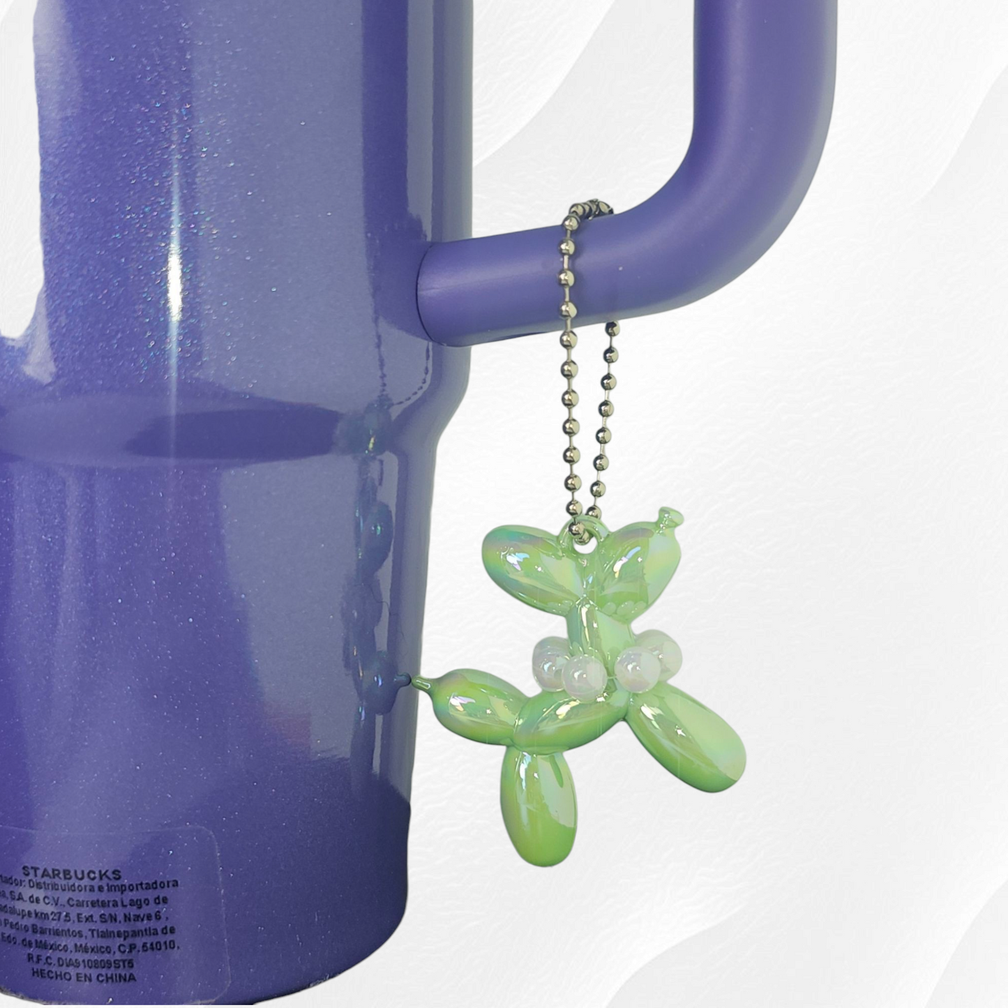 Iridescent Pearlescent Light Green Balloon Dog Charm with Beaded Faux Pearl Necklace.