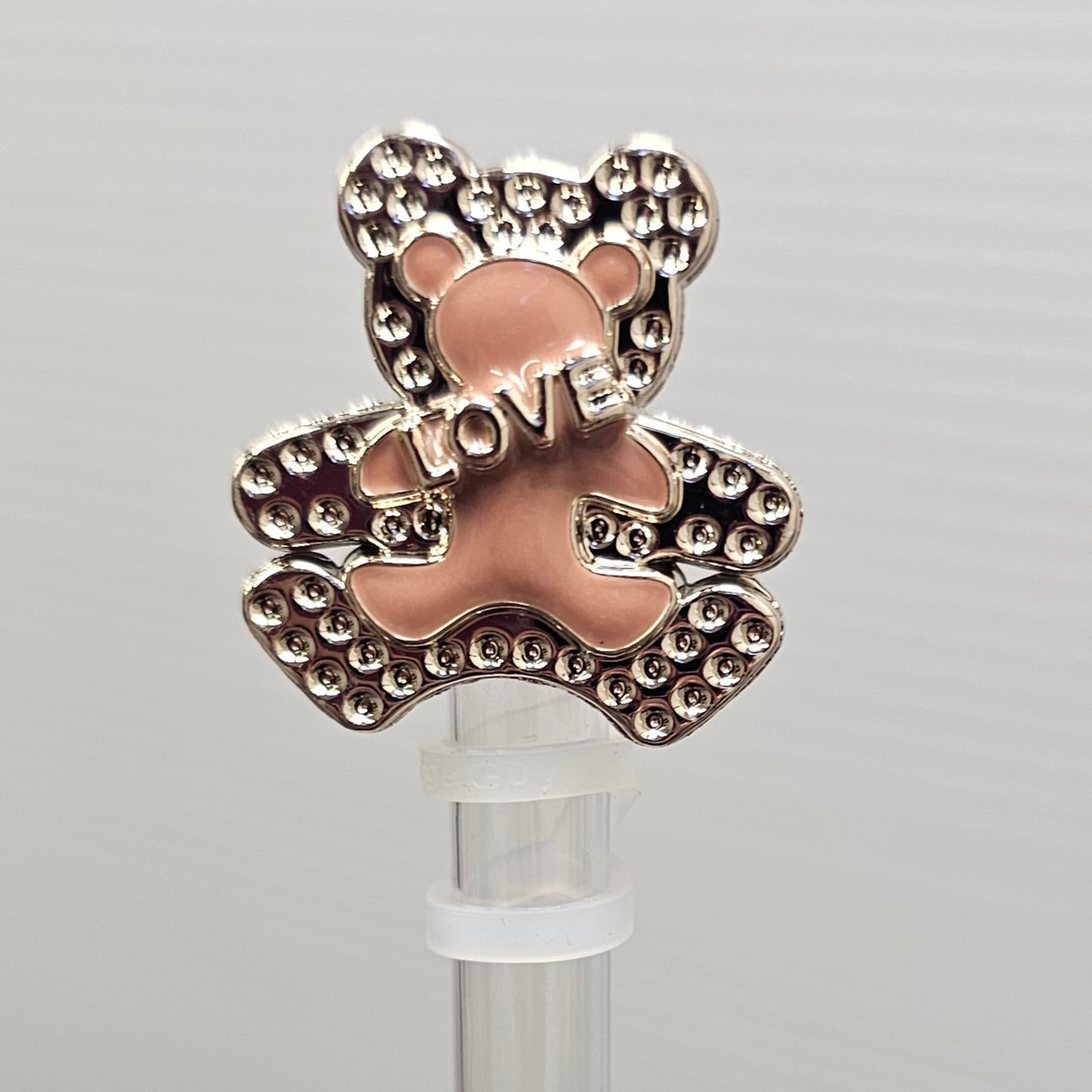 Shiny Brown Teddy Bear with " Love " Silicone Straw Topper - Straw Cover. Fits 10mm Straws.
