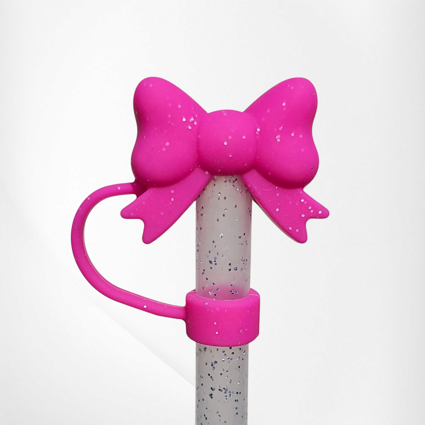 Hot Pink Glitter Butterfly Ribbon Bow 3D Silicone Straw Topper - Straw Cover. Fits 10mm Straws and Stanley Straws.