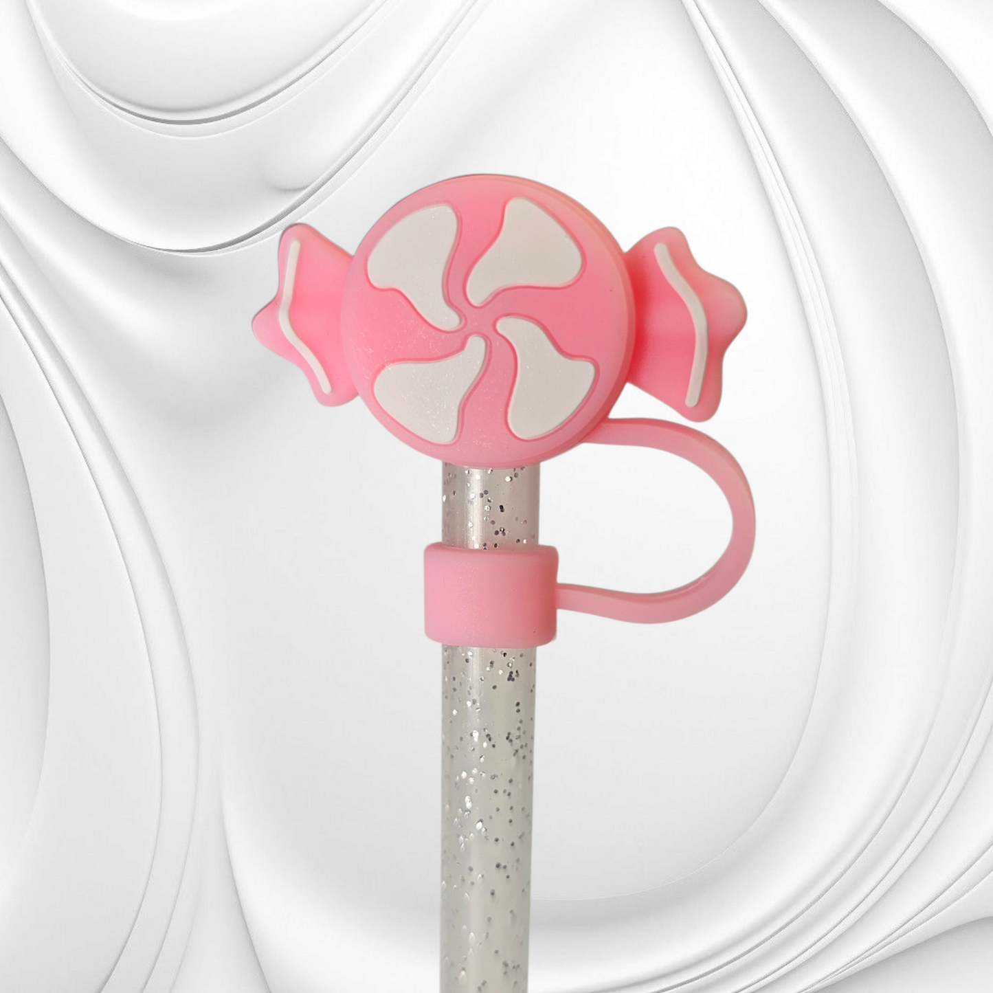 Pink and White Candy 3D Silicone Straw Topper