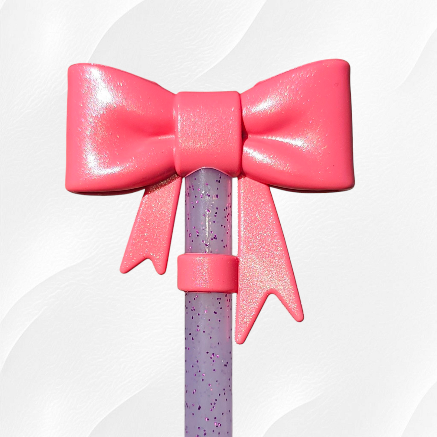 Hot Coral Shimmer Ribbon Bow 3D Silicone Straw Topper - Straw Cover. Fits 10mm Straws and Stanley Straws.